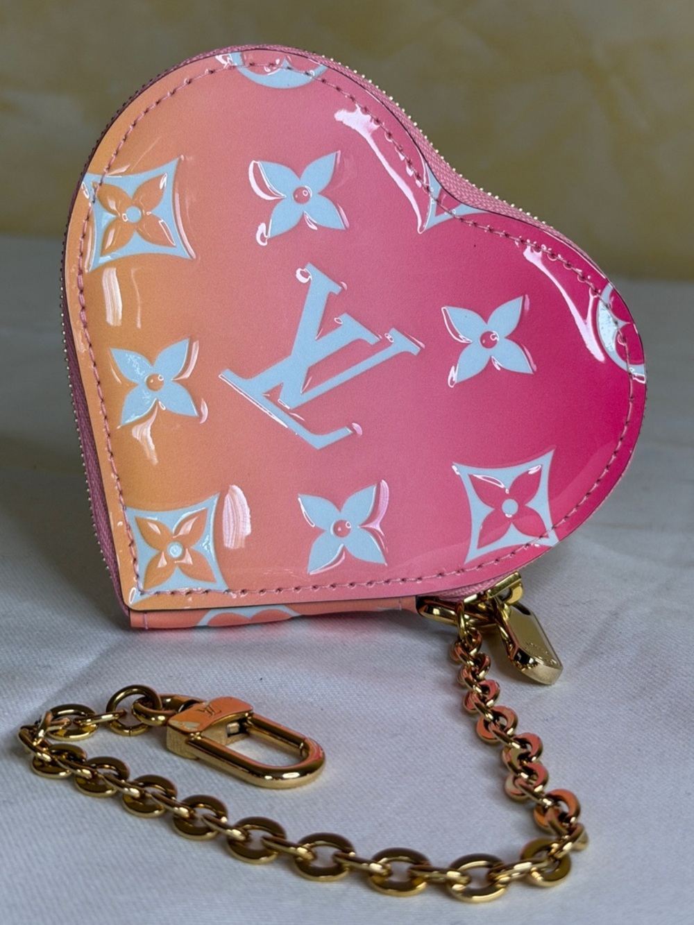 Louis Vuitton Monogram Vernis Heart Coin Purse with Gold Chain